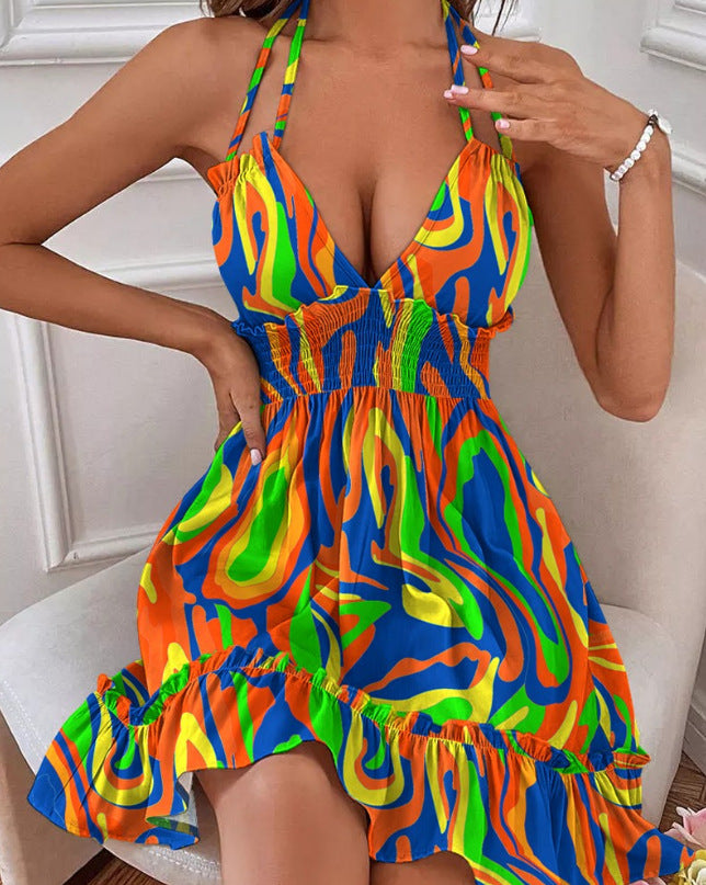 Deep V Rope Suspender Parallel Pleated Sexy Dress
