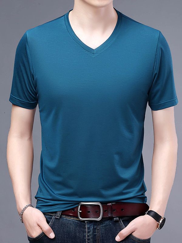 T-shirt Men's V-neck Solid Color Casual Short