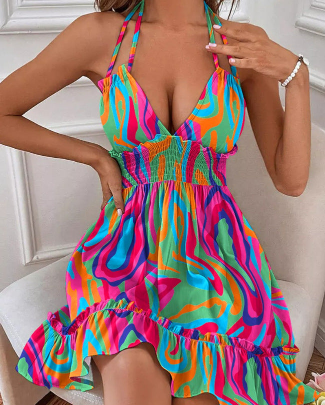 Deep V Rope Suspender Parallel Pleated Sexy Dress