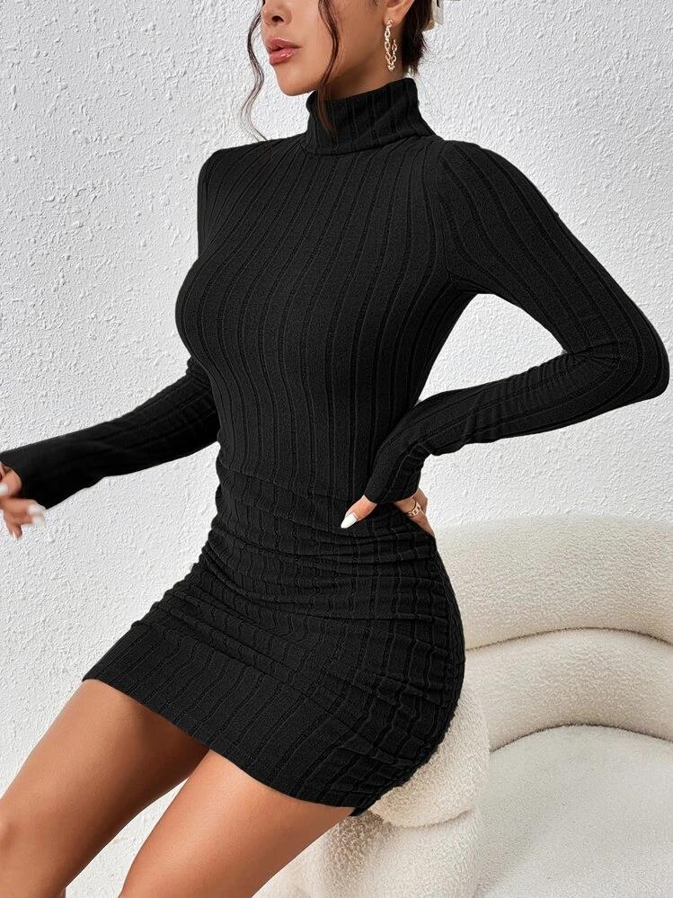 Elegant Women's Polyester Long-Sleeve Round-Neck Bodycon Dress