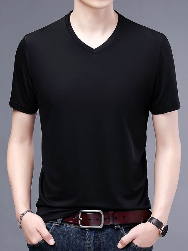 T-shirt Men's V-neck Solid Color Casual Short