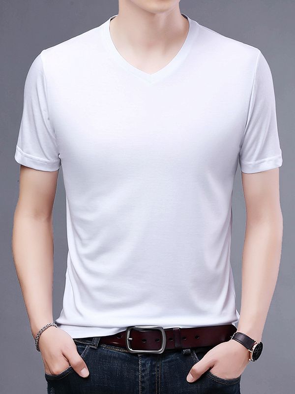 T-shirt Men's V-neck Solid Color Casual Short